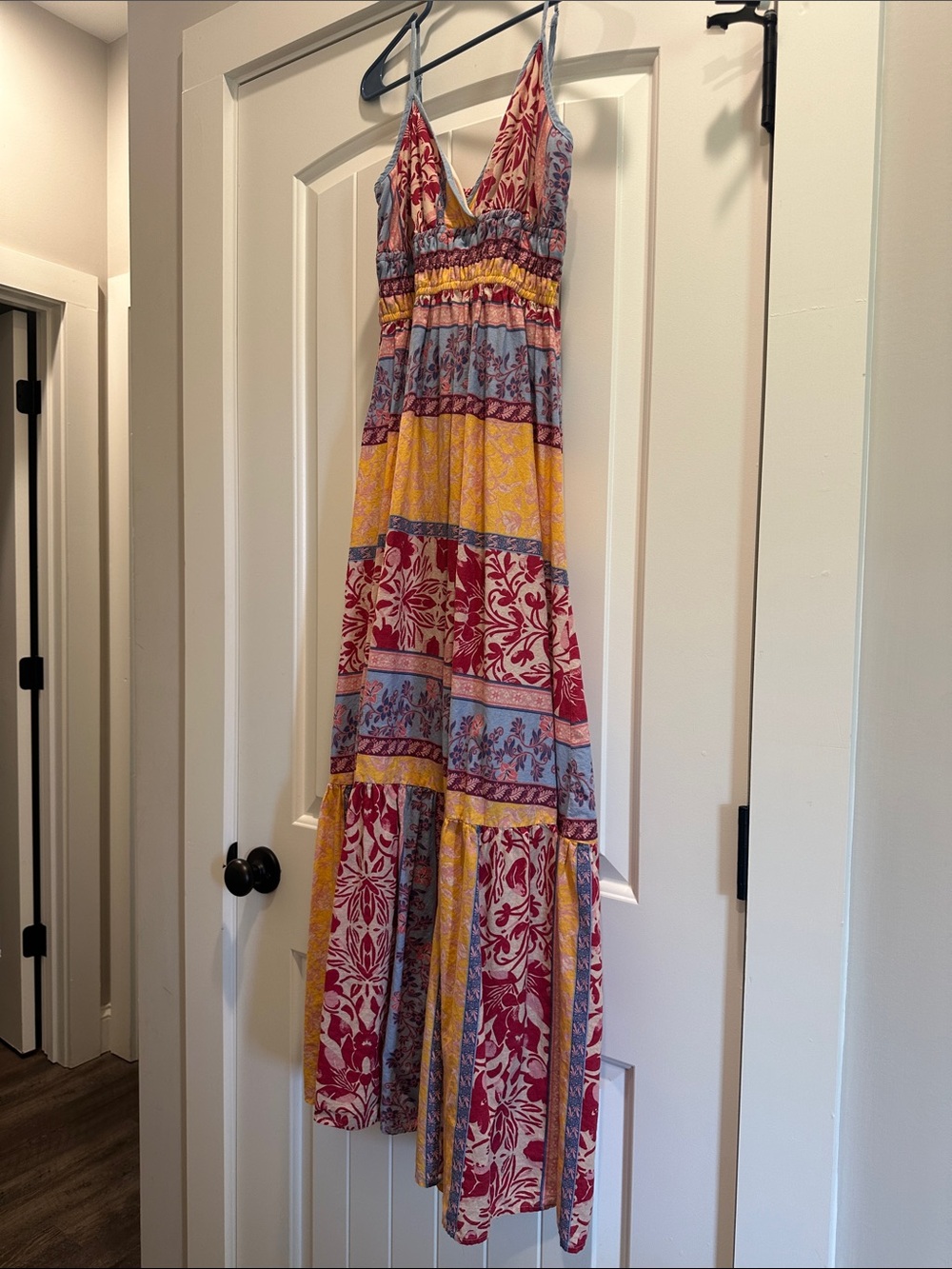 Boho Striped Floral Maxi Dress in Yellow, Blue & Red